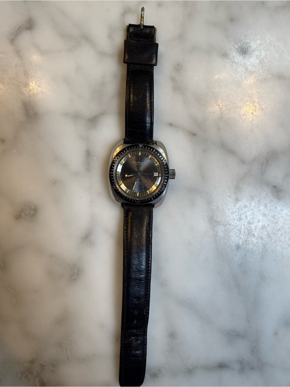 Vintage Jules Jürgensen Men's Black Leather Strap Watch with Steel Case